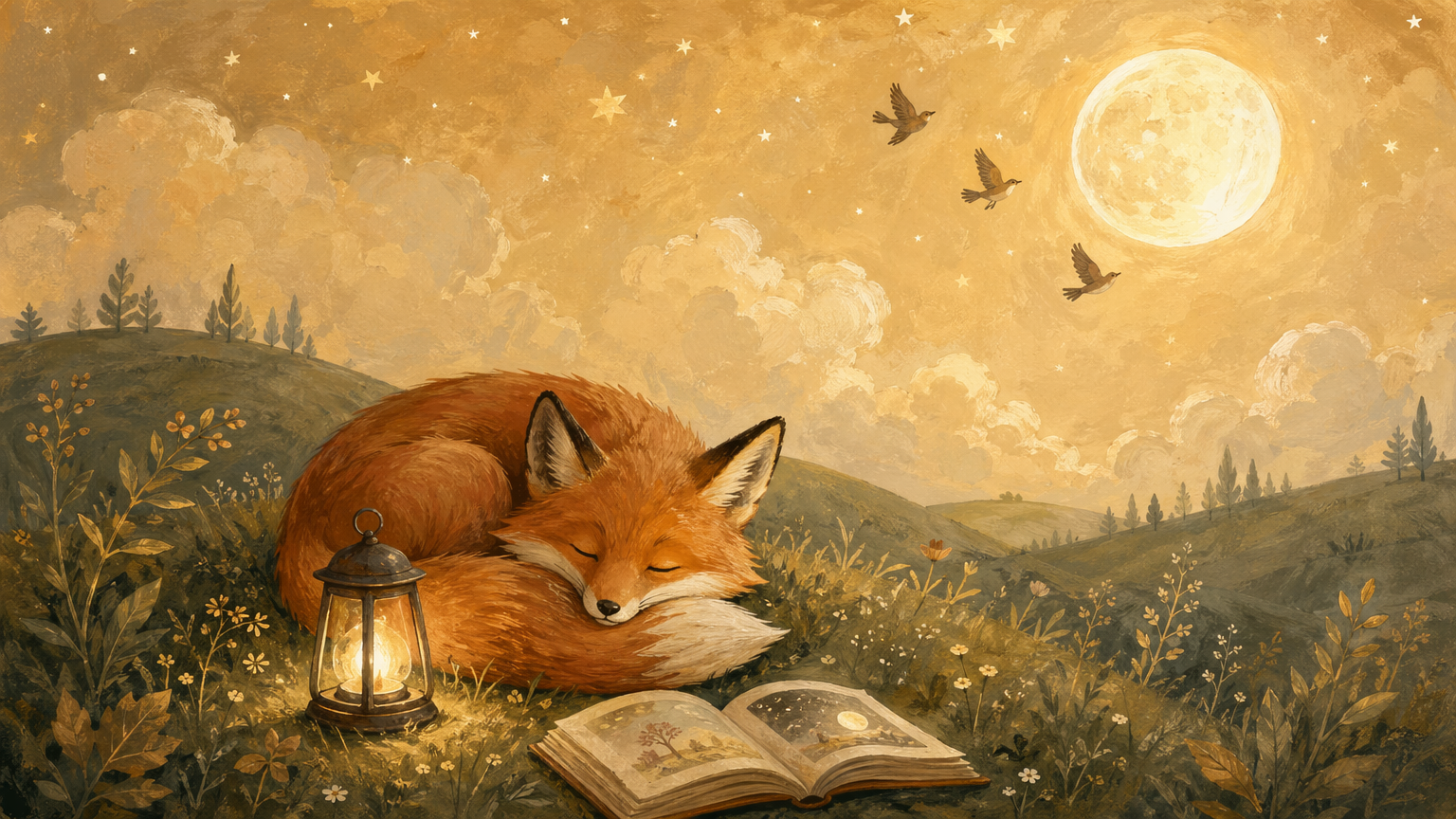 A cozy fox curled asleep on sage hills under a warm amber moon — the HabitStories bedtime world