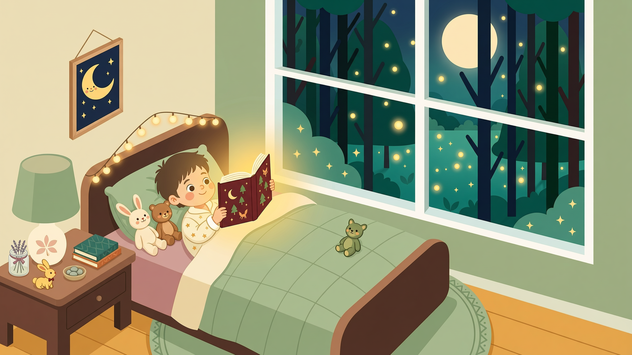 Child reading a story in a cozy bedroom, magical forest outside the window