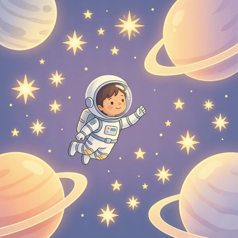 Space Journey — child astronaut floating among stars and planets