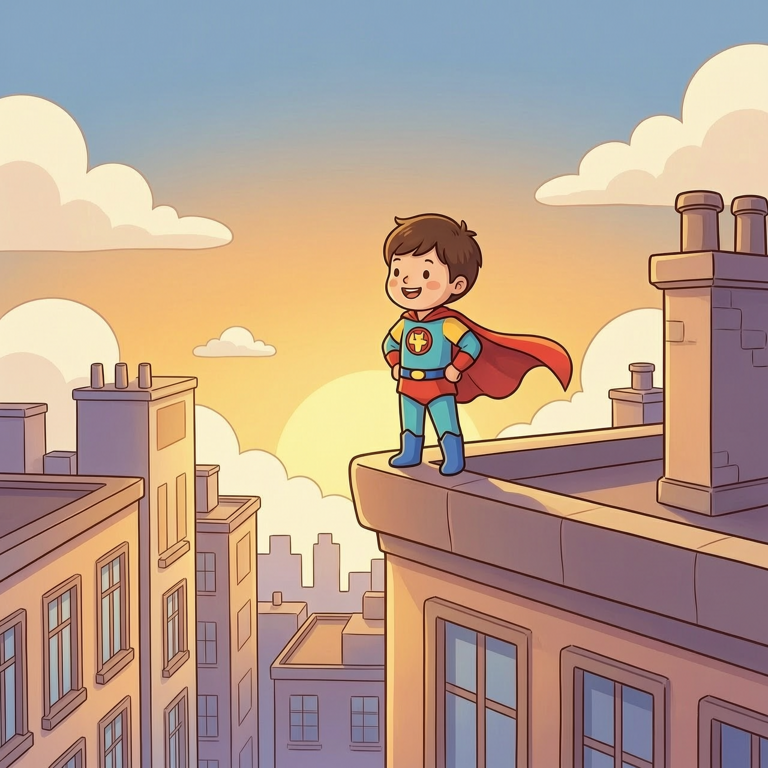 Superhero Night — child superhero on a city rooftop at sunset
